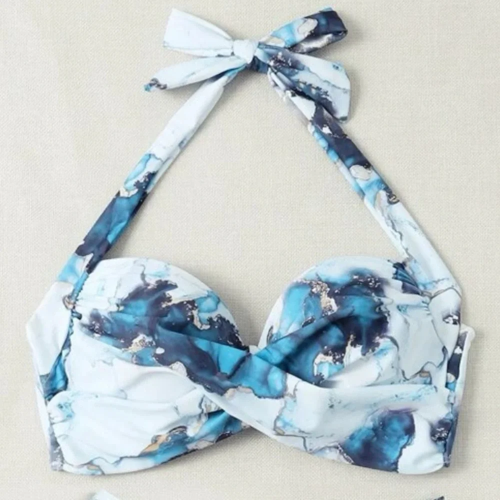 Boho Blue White Tie Dye Marble Print High Waisted Twisted Halter Bikini Set - Picture 3 of 12